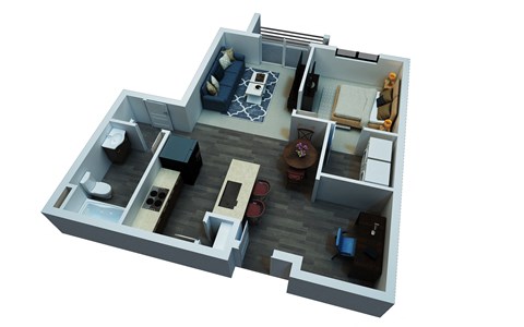 Floor plan for 1 bed, 1 bath, 597 sqft